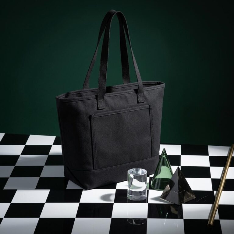 Black Canvas Tote Bag Mockup with a Neo Deco Geometric Scene