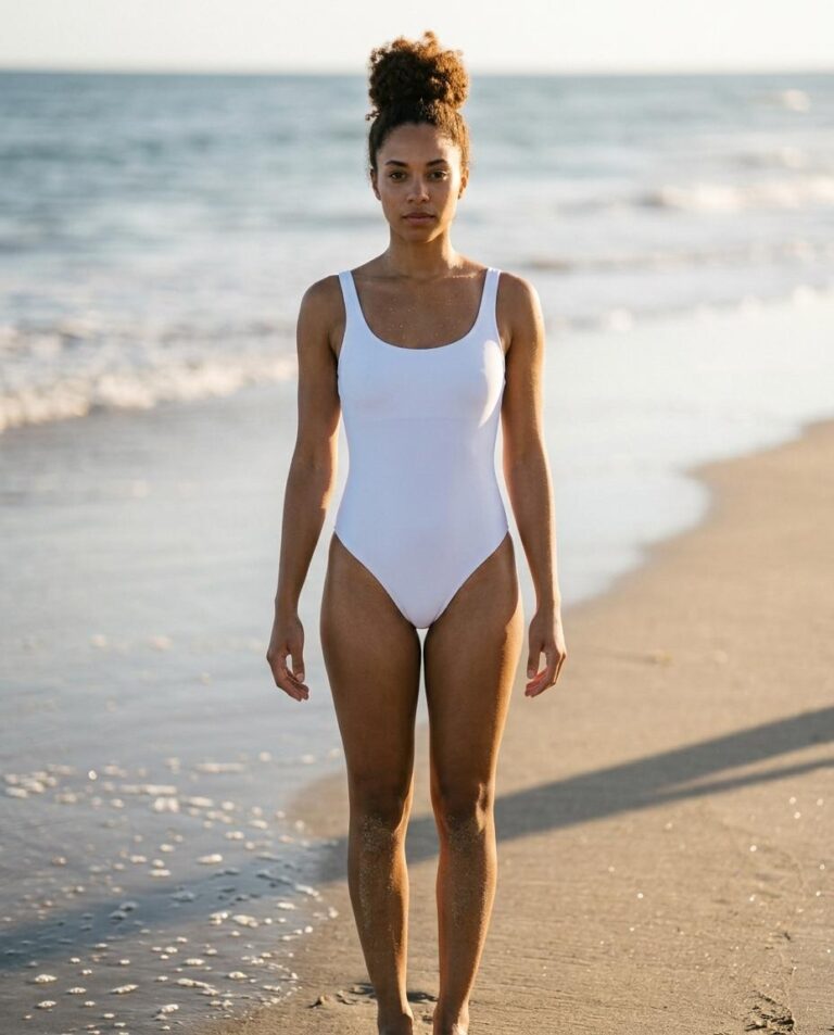 White One-Piece Swimsuit Mockup Shot on a Real Sandy Shoreline