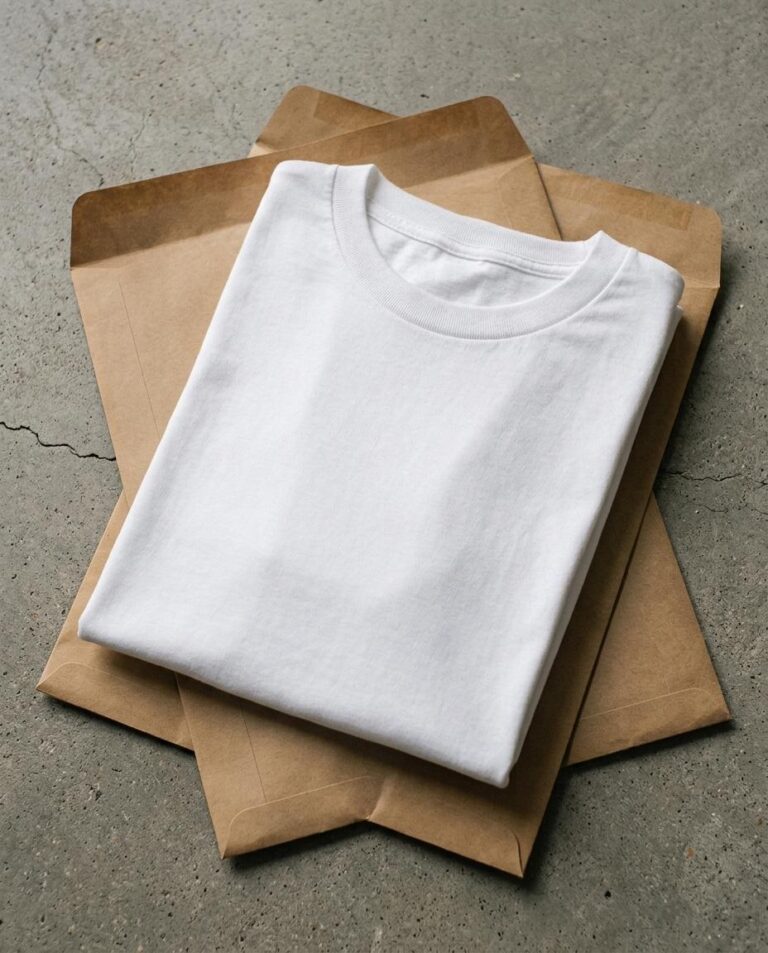 Neatly Folded White T-Shirt Mockup on a Kraft Paper Mailer