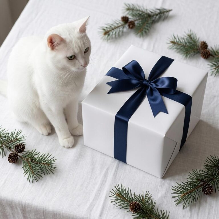Free Christmas Gift Box Mockup with White Cat and Pine Scene
