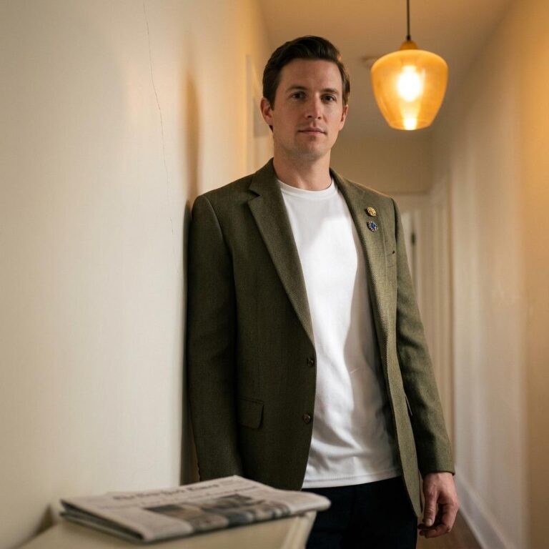 Men’s Performance Tee Mockup - Warm Hallway, Olive Blazer Scene