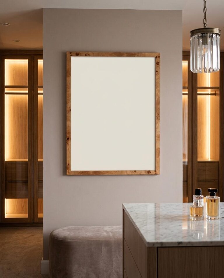 Luxury Framed Art Mockup with a Natural Burl Wood Frame