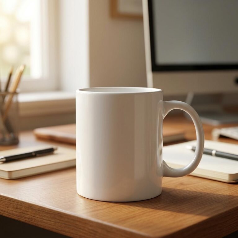 Home Office Desk Coffee Mug Mockup
