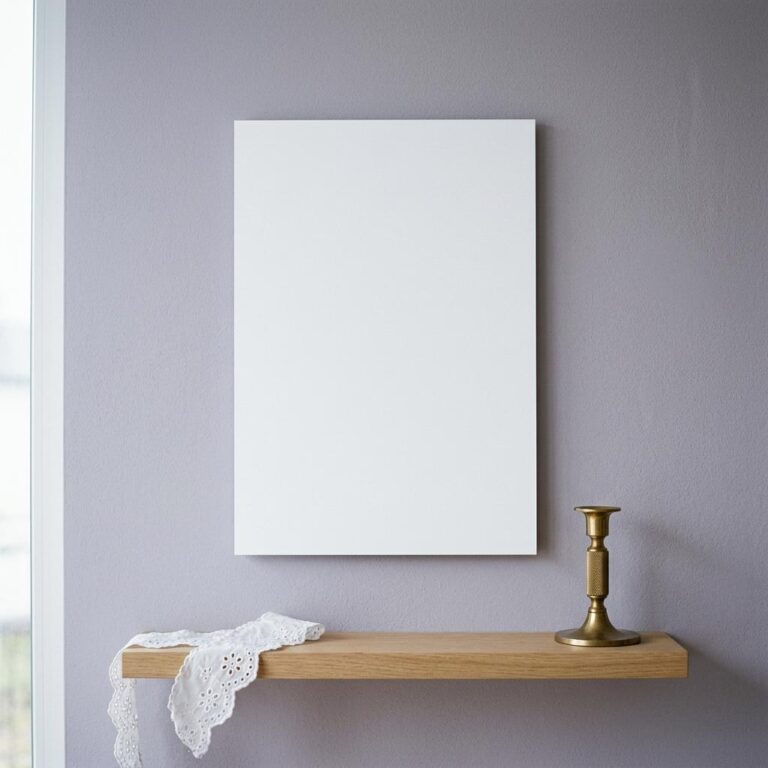 Vertical Poster Mockup on a Lavender Wall with an Oak Shelf