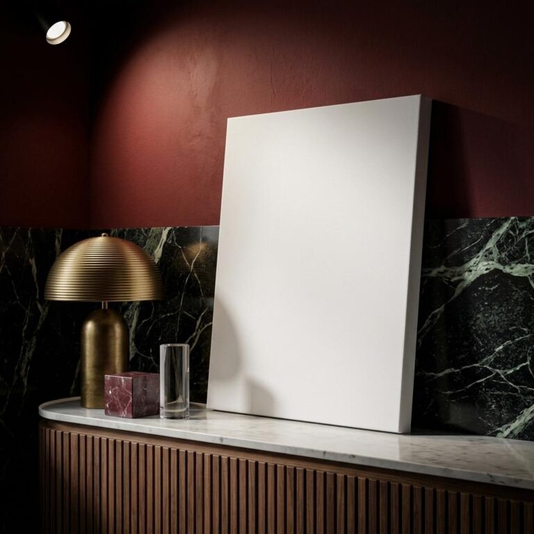 Dark Interior Canvas Wrap Mockup with Oxblood Wall and Marble Console