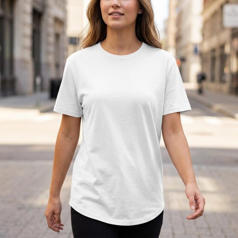 Women’s Lifestyle T-Shirt Mockup on a Sunlit City Street