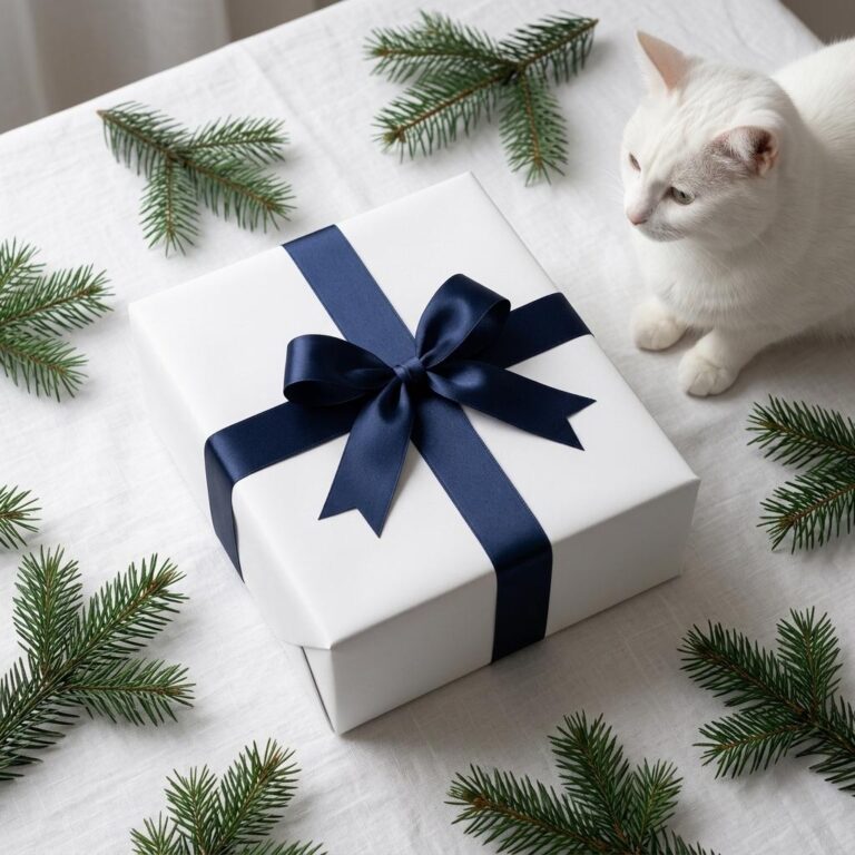NYE Holiday Gift Box Mockup with Navy Ribbon and Pine Branches