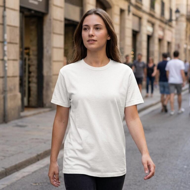 Women’s Lifestyle T-Shirt Mockup Shot on a Sunlit City Street
