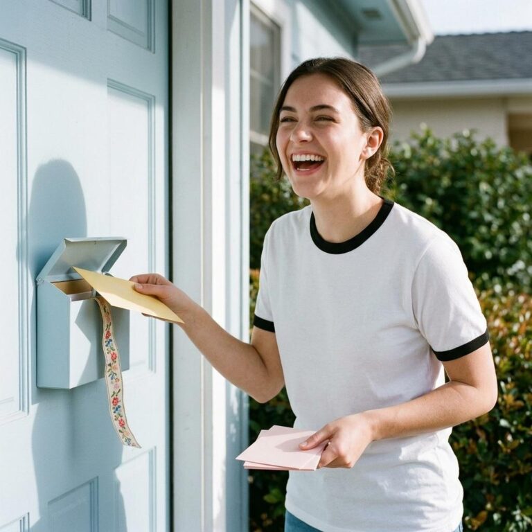 Ringer T-Shirt Mockup: Laughing Woman at a Sky-Blue Door