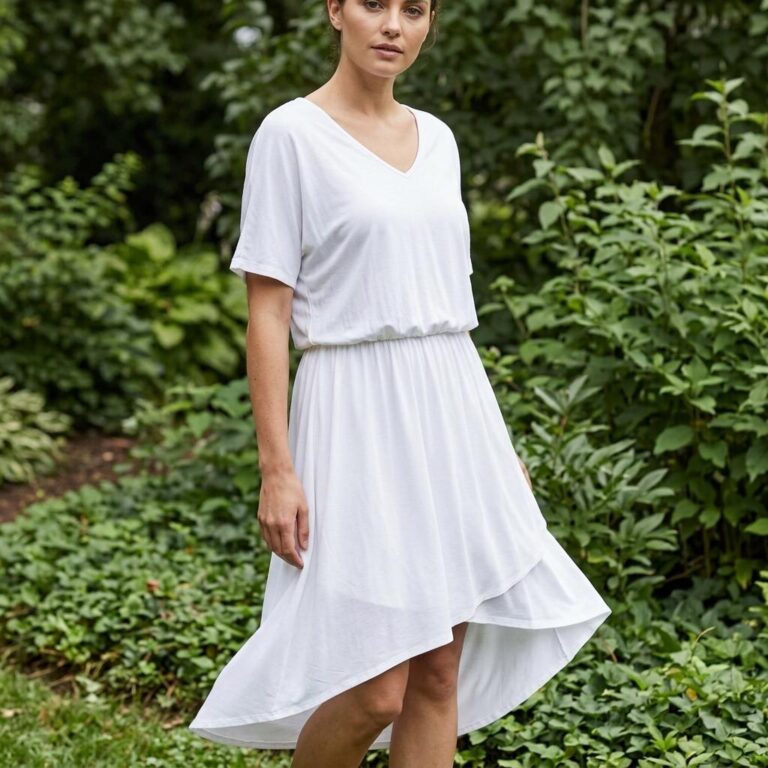 White Flowy V-neck Dress Mockup Photographed in a Garden