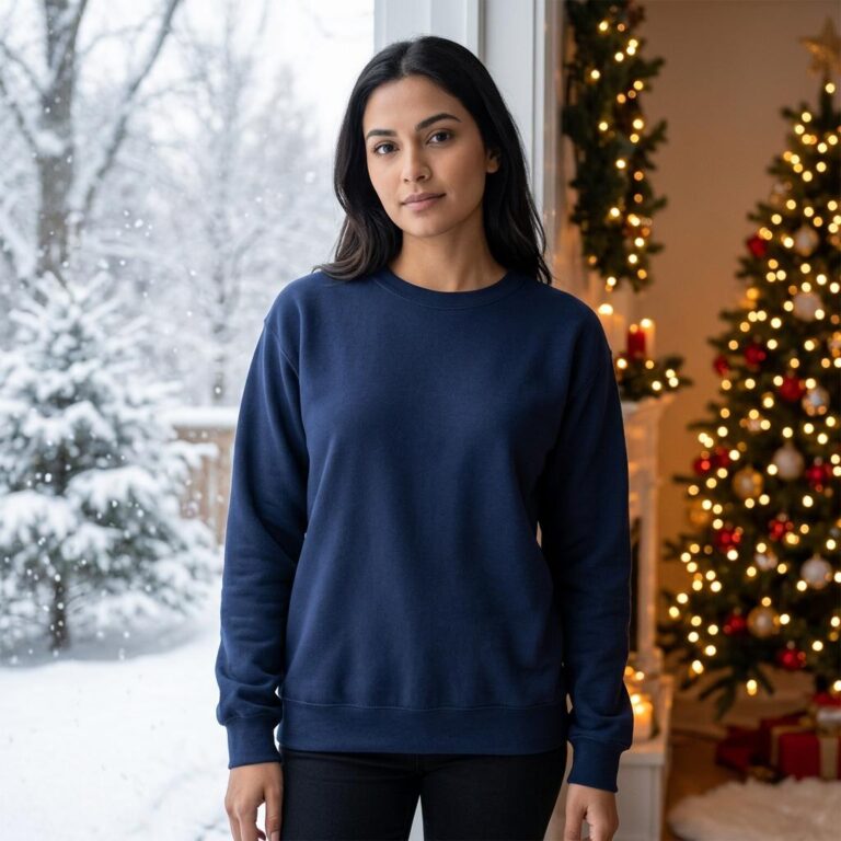 Navy Christmas Crewneck Sweatshirt Mockup with Holiday Scene