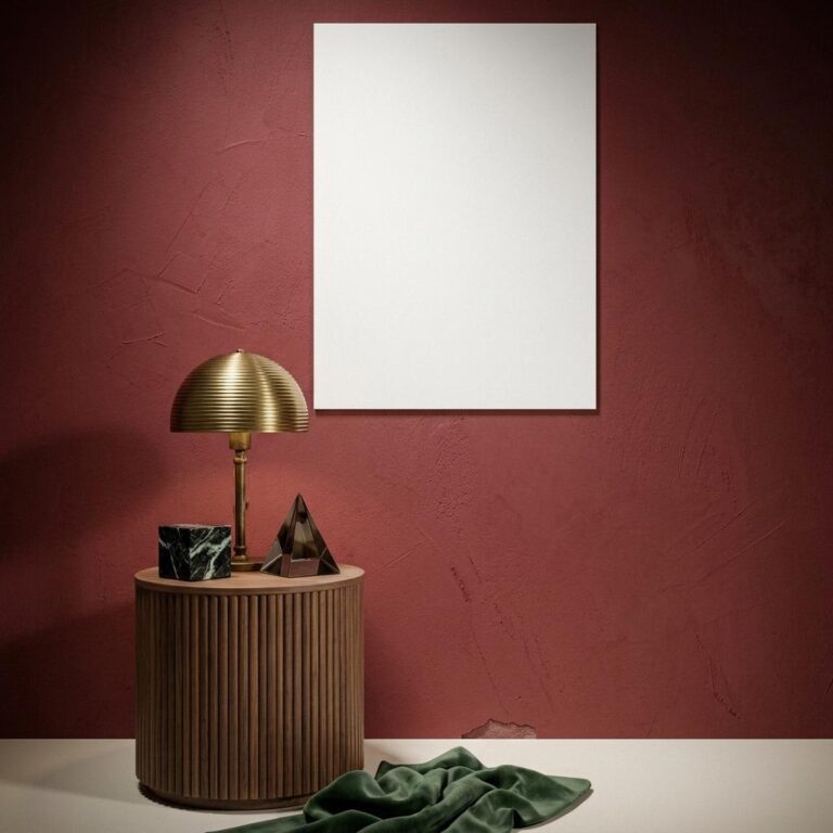 Neo Deco Interior Poster Mockup with Oxblood Wall and Brass Lamp