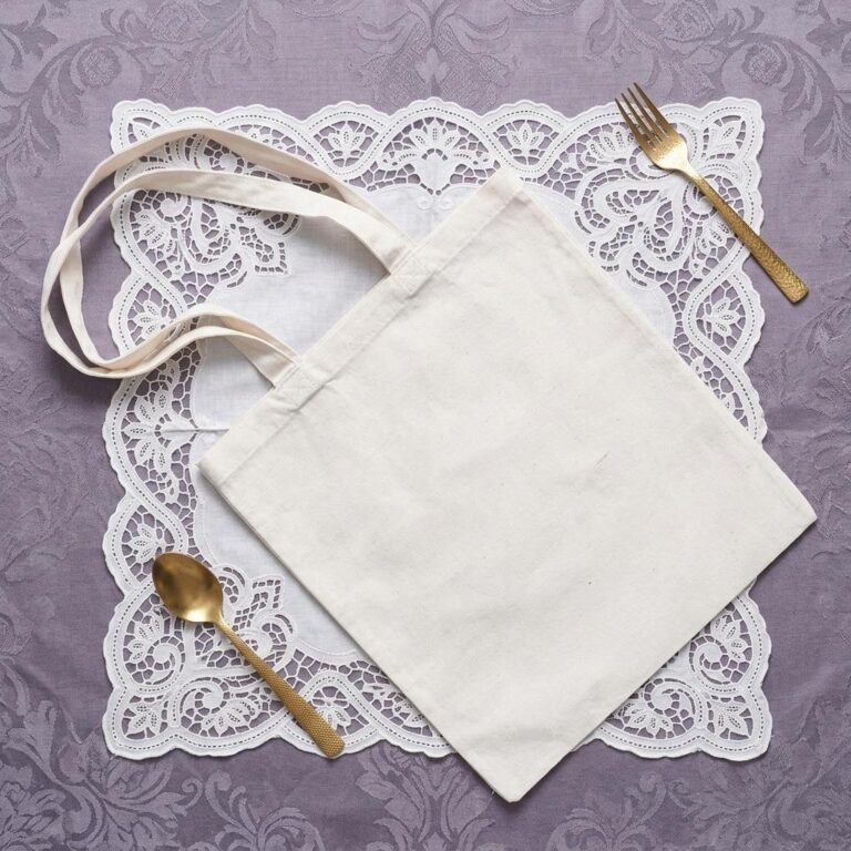 Canvas Tote Bag Flat Lay Mockup with Lace Doily and Lavender Damask