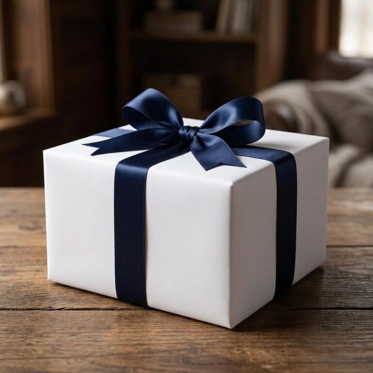 Cozy Home Gift Box Mockup with Navy Satin Ribbon