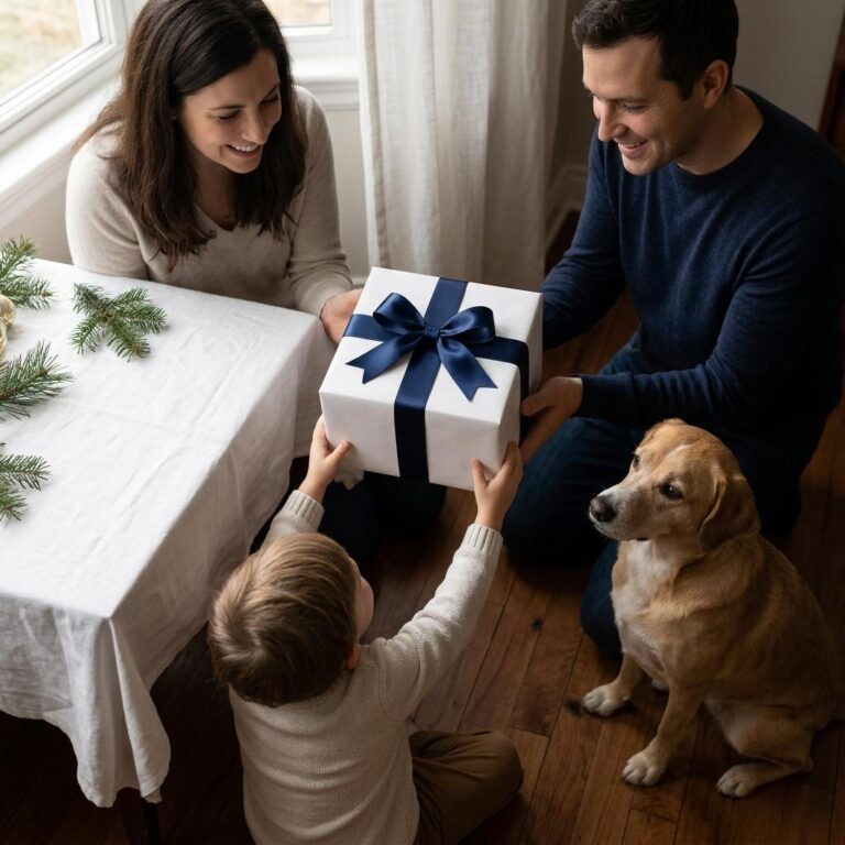 Wrapped Gift Box Mockup in a Warm Home Birthday Scene