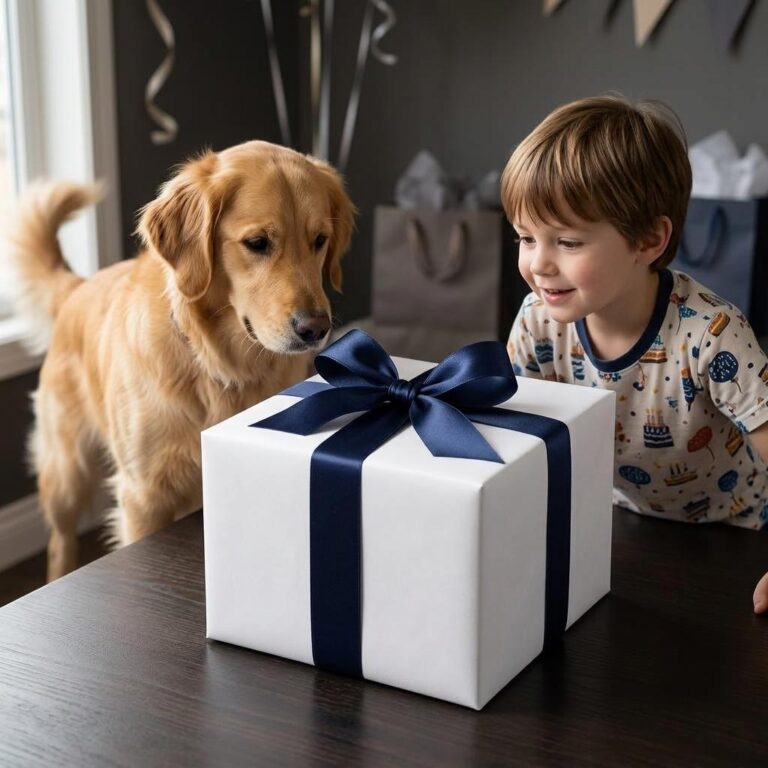 Birthday Gift Box Mockup with a Kid and Golden Retriever
