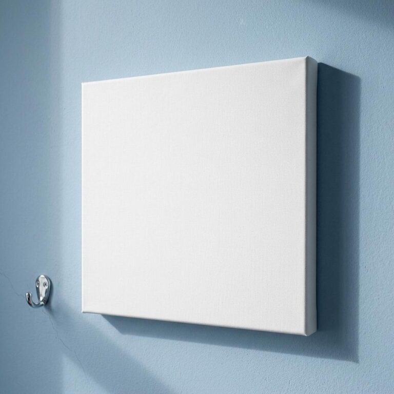 Wrapped Canvas Mockup on a Powder-Blue Plaster Wall