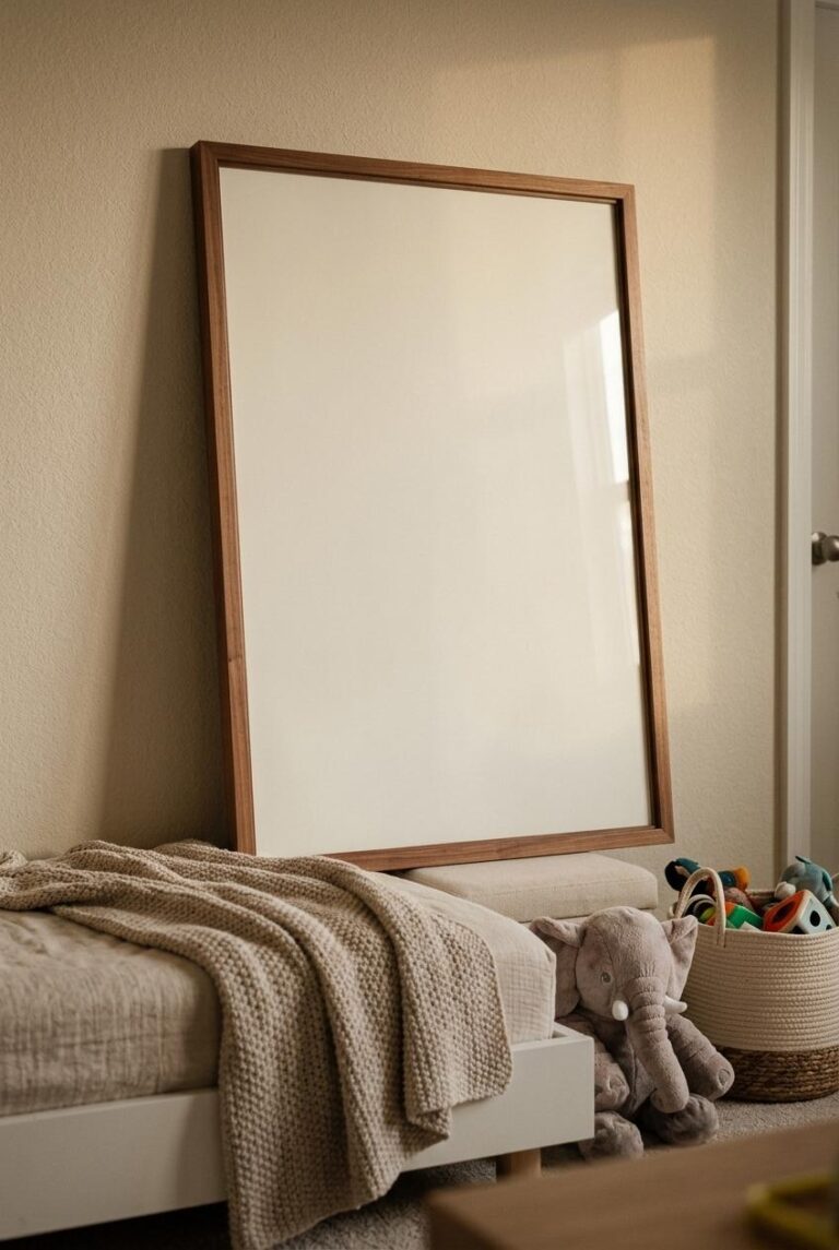 Nursery Wall Art Mockup with Walnut Frame in a Cozy Kids’ Bedroom