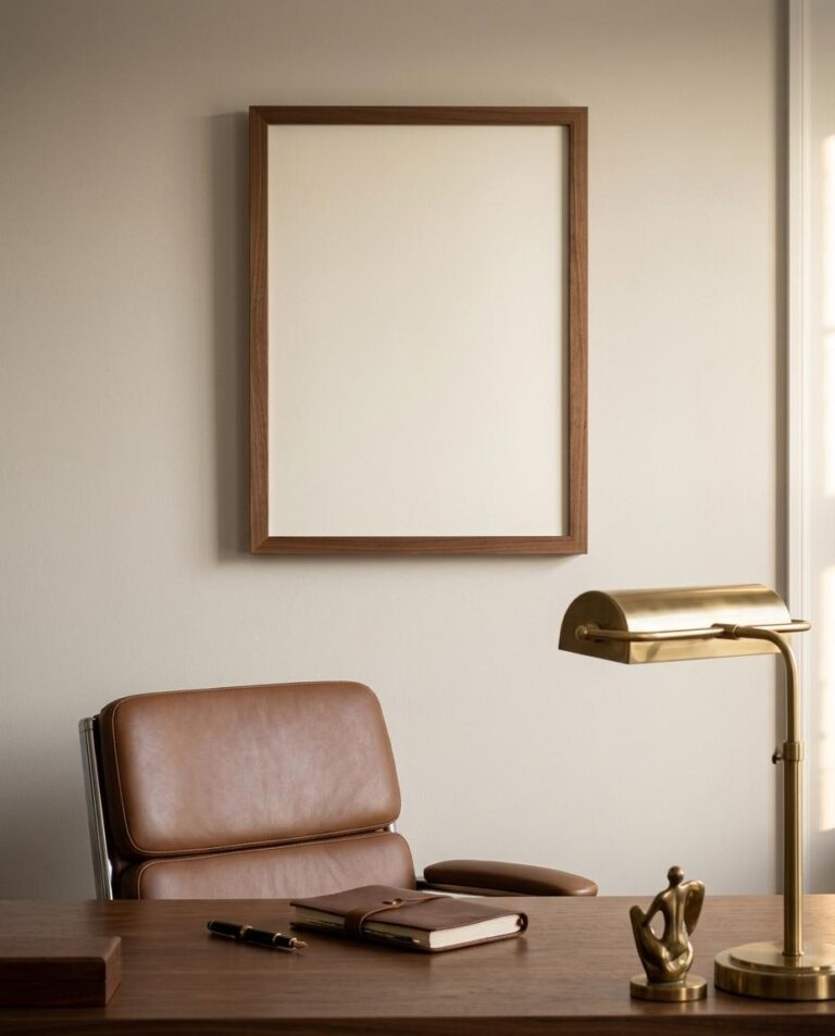 Home Office Framed Poster Mockup with Walnut Frame and Brass Lamp