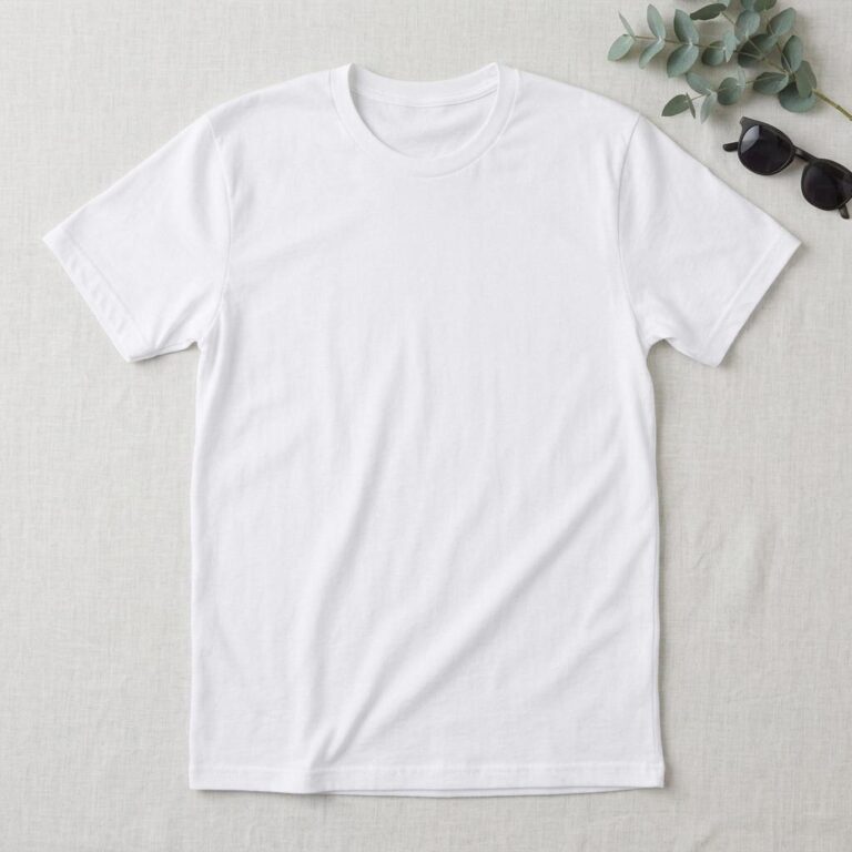 Free Flat Lay T-Shirt Mockup on a Linen Backdrop