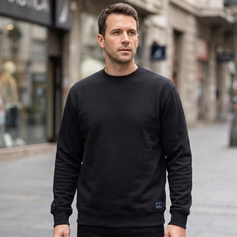 Free Black Crewneck Sweatshirt Mockup Shot on a Real City Street