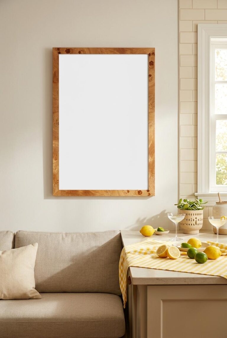 Burl Wood Framed Art Print Mockup in a Sunny Kitchen Setting