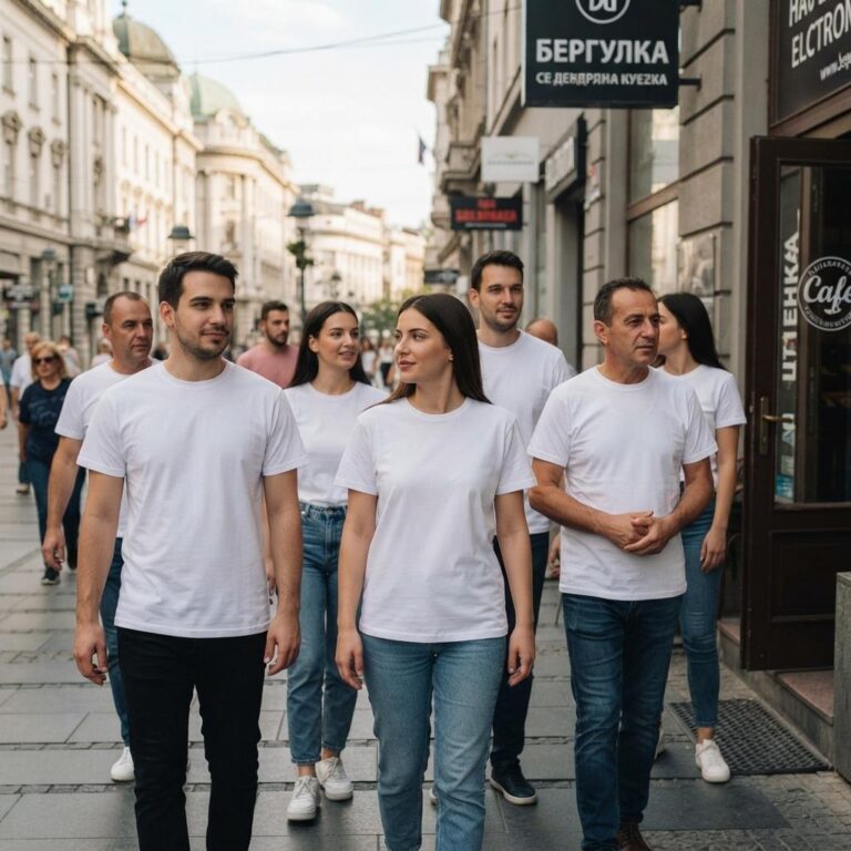 Group T-Shirt Mockup on a European City Street