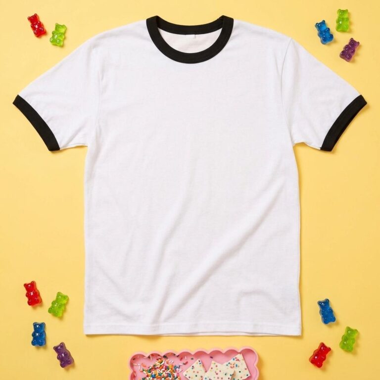Ringer tee mockup: gummy bear candy flat lay