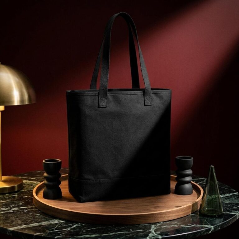 Free Black Canvas Tote Bag Mockup with Neo Deco Styling