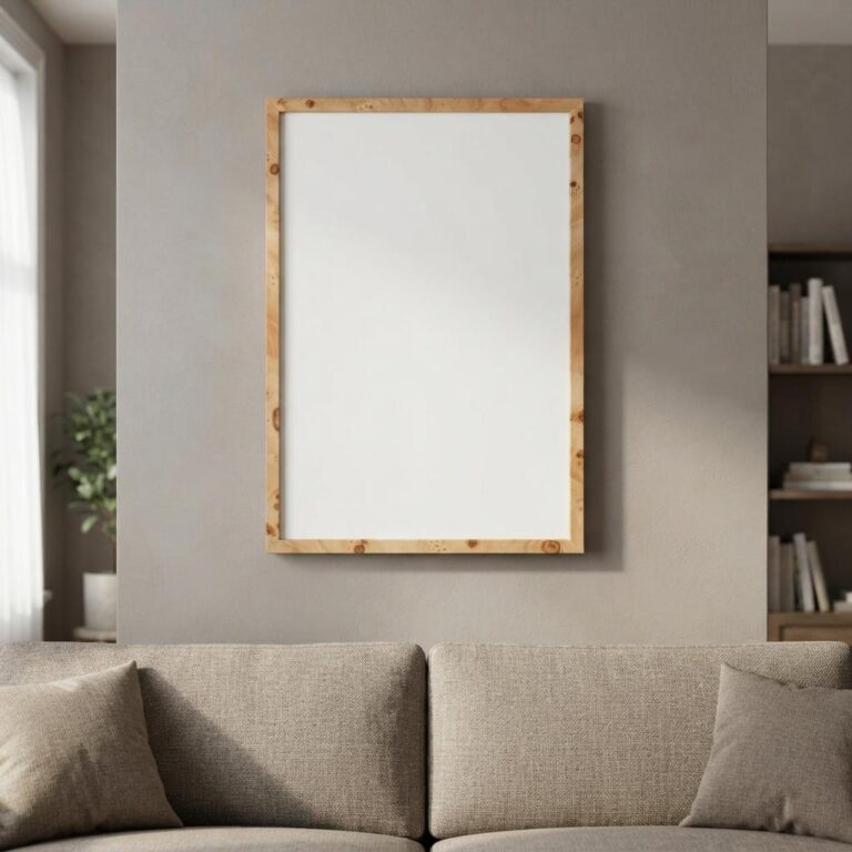 Natural Burl Wood Frame Wall Art Mockup in a Warm Living Room