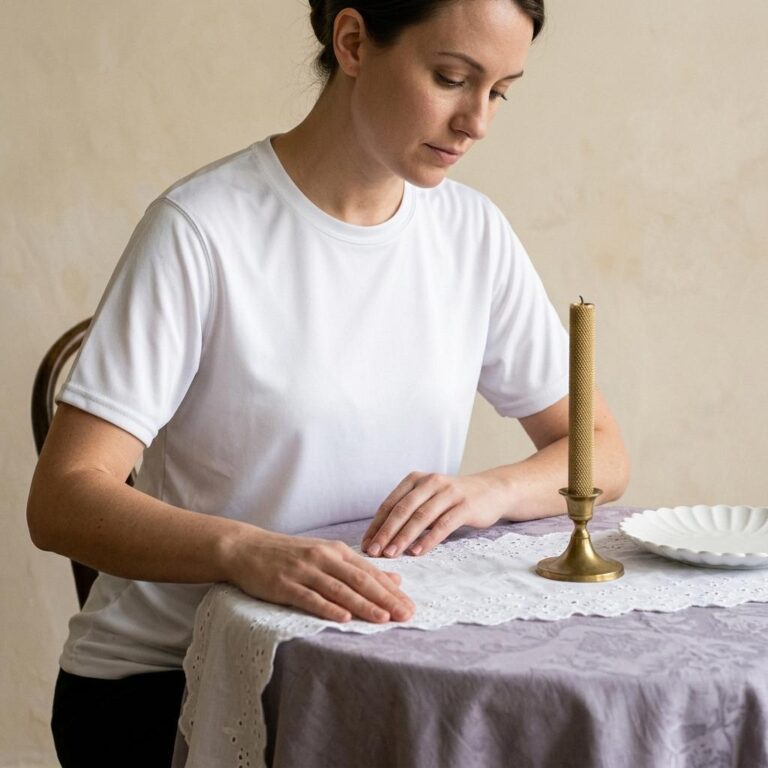 White Performance Tee Mockup with a Lace Runner Table Setting