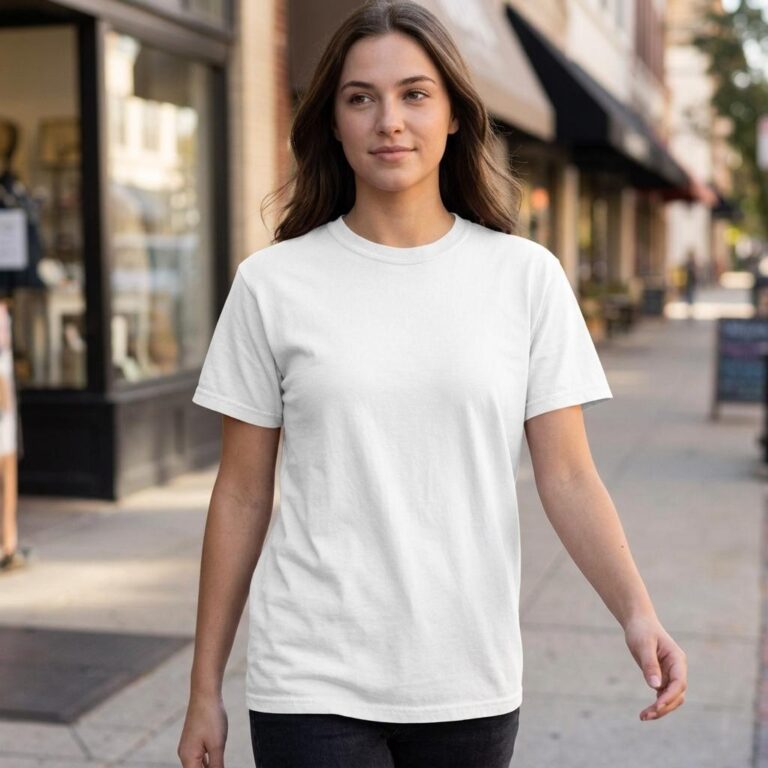 Woman Walking City Street T-Shirt Mockup