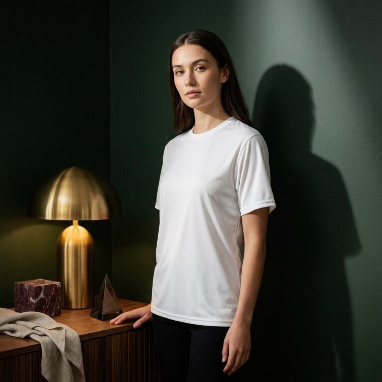 Neo Deco T-Shirt Mockup with Forest Green Interior and Brass Lamp