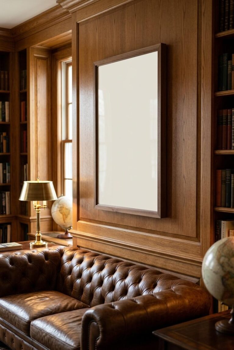 Dark Academia Framed Poster Mockup in a Warm Walnut Library