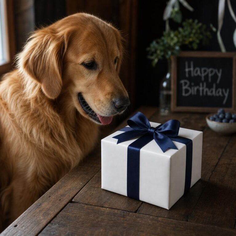 Birthday Gift Box Mockup in a Rustic Golden Retriever Birthday Scene