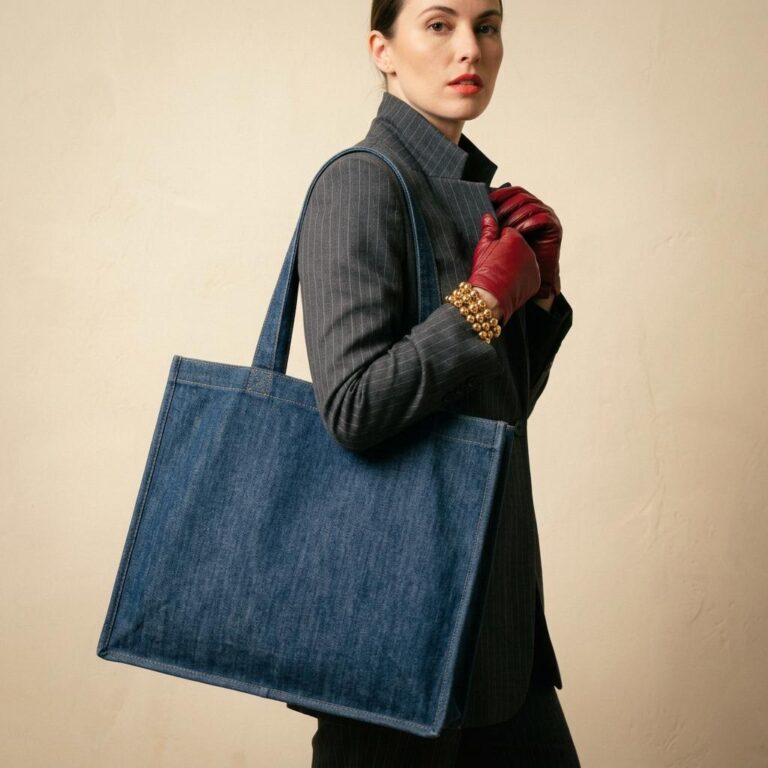 Denim Tote Bag Mockup: Editorial On-Model Studio Shot