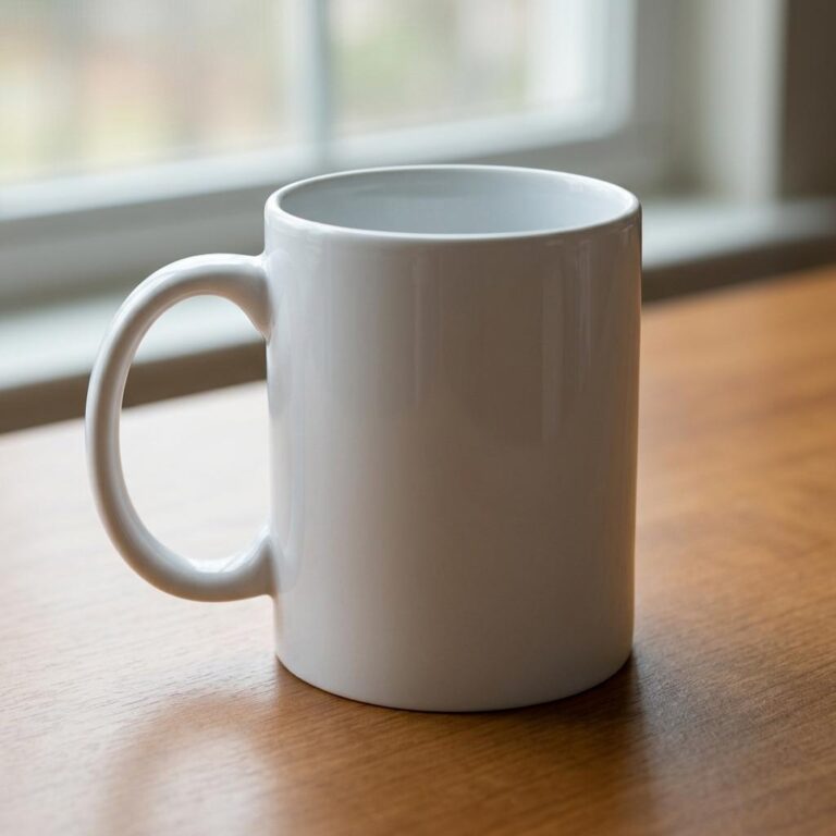 White Ceramic Mug Mockup on a Sunlit Wooden Desk