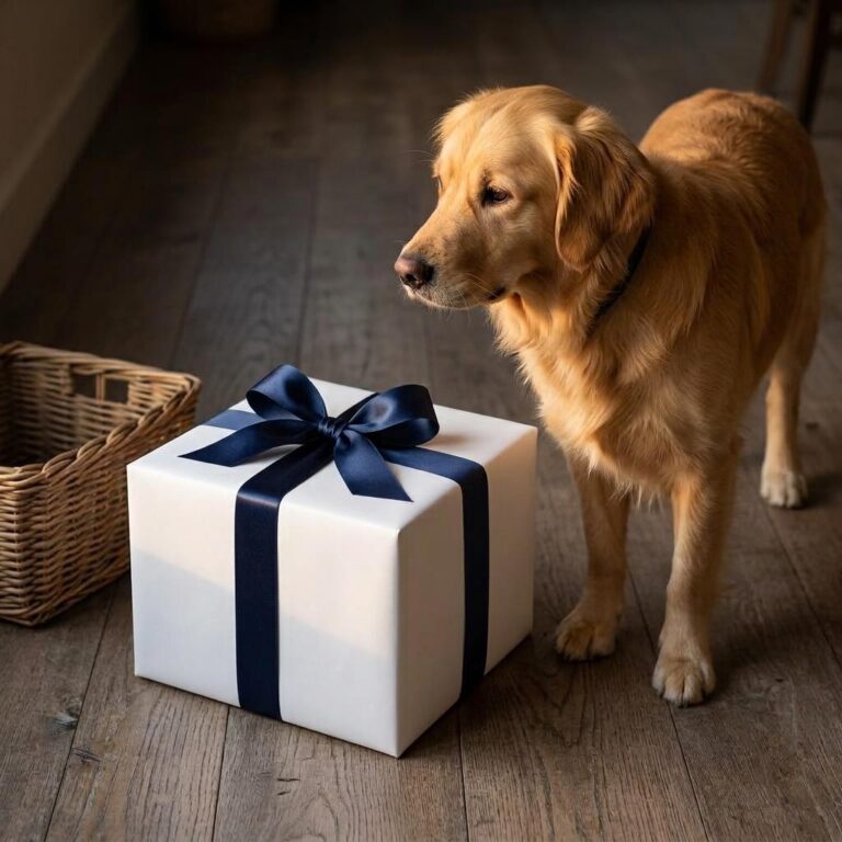 Christmas Gift Box Mockup with a Cozy Golden Retriever Scene
