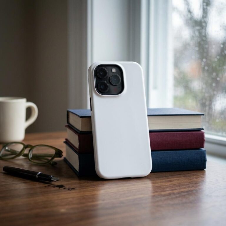 Poetcore iPhone 14 Pro Case Mockup - Rainy Walnut Desk Scene