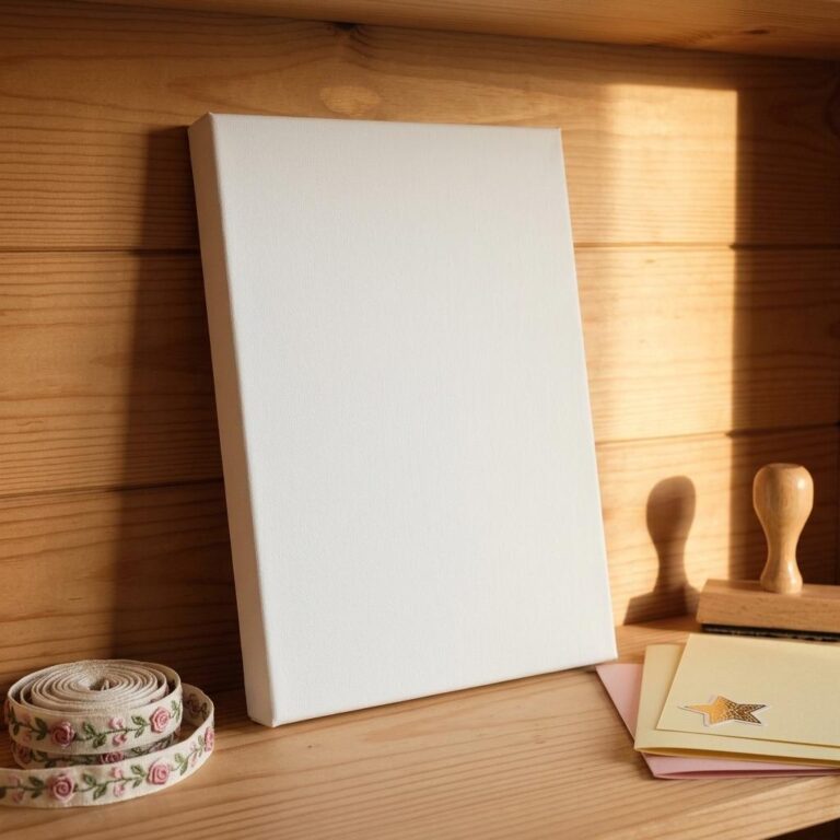 Free 5×7 Wrapped Canvas Mockup on a Warm Pine Shelf