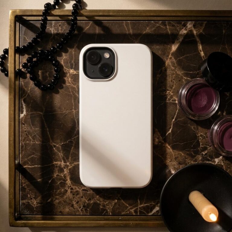 iPhone 13 Tough Case Mockup on a Dark Marble Vanity Tray