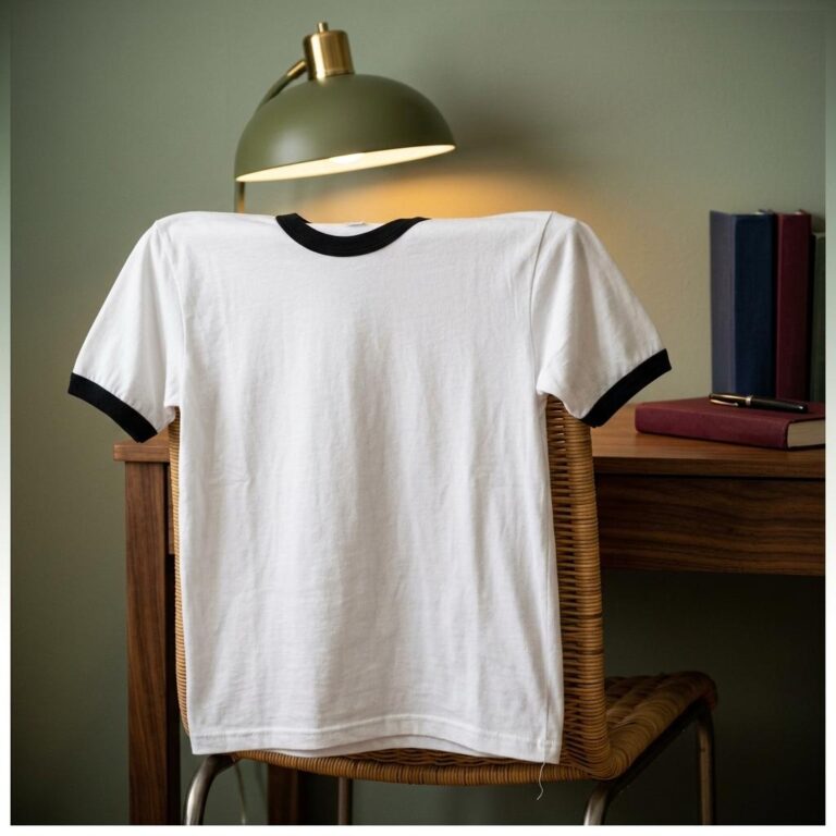 Free Ringer Tee Mockup - Warm Desk Lamp and Wicker Chair Setting