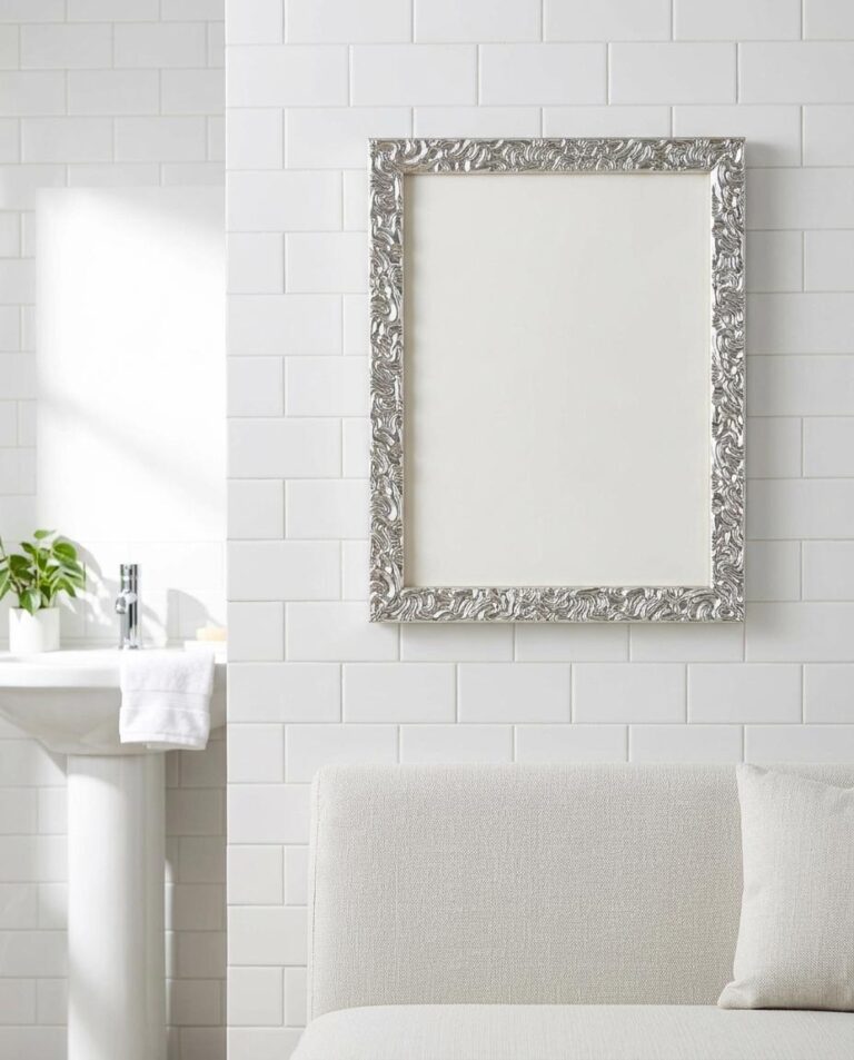 Ornate Silver Frame Wall Art Mockup for Bathroom Scenes