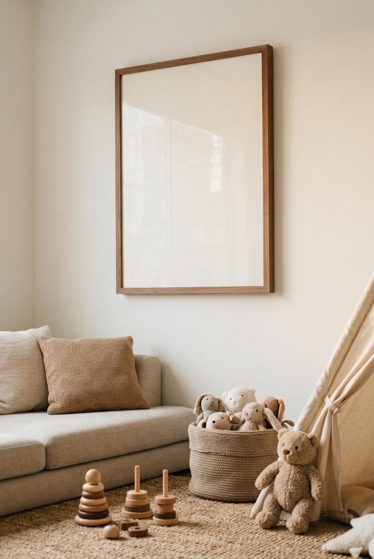 Kids Playroom Nursery Wall Art Mockup with Walnut Frame