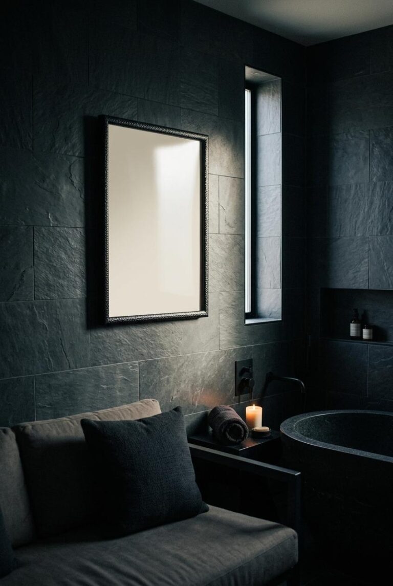 Dark Moody Framed Print Mockup - Spa Bathroom Interior Scene