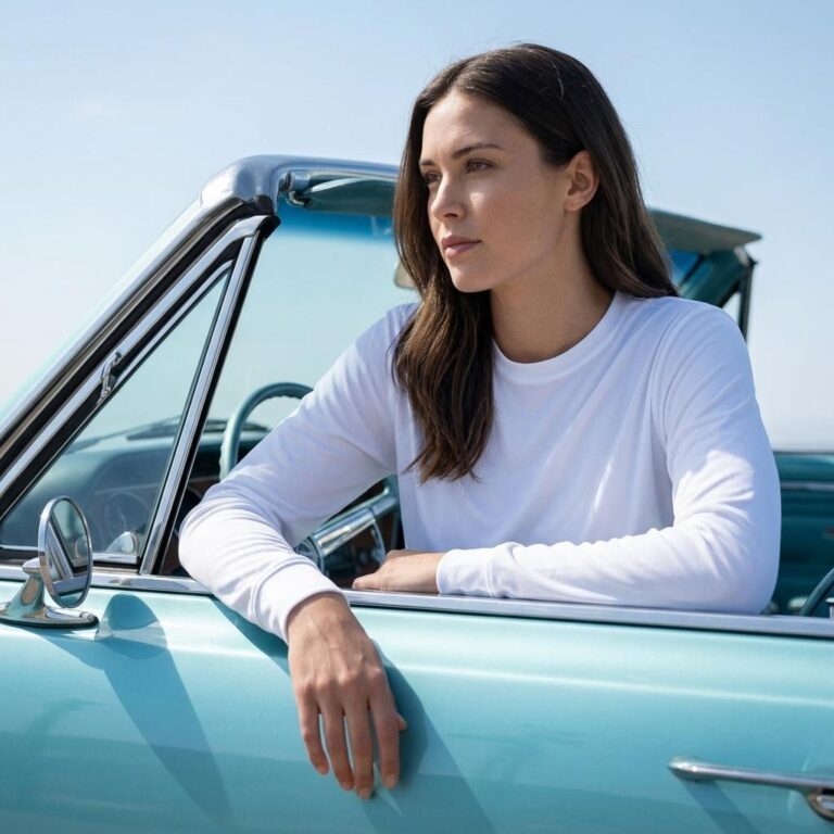 Women’s Long Sleeve T-Shirt Mockup - Glacial Aqua Vintage Car Scene