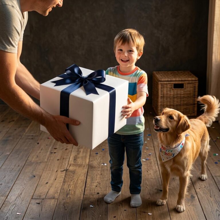 Birthday Gift Box Mockup with a Golden Retriever Celebration Scene