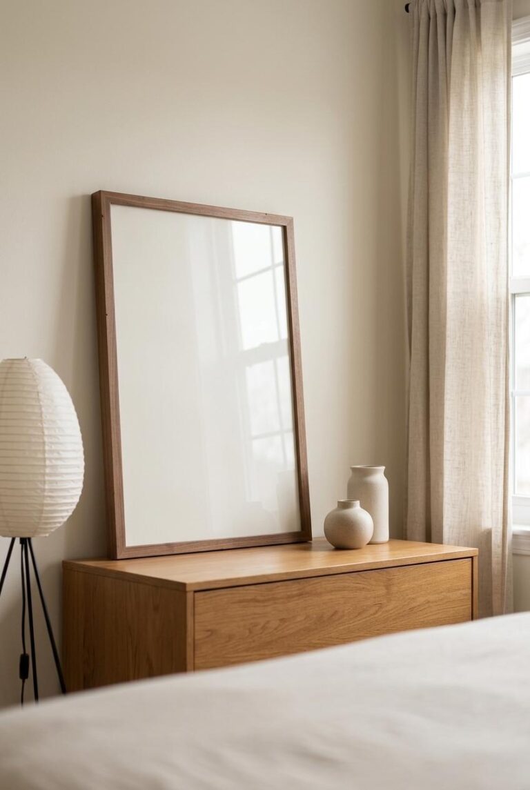 Japandi Framed Art Print Mockup for Bedroom Wall Art Listings