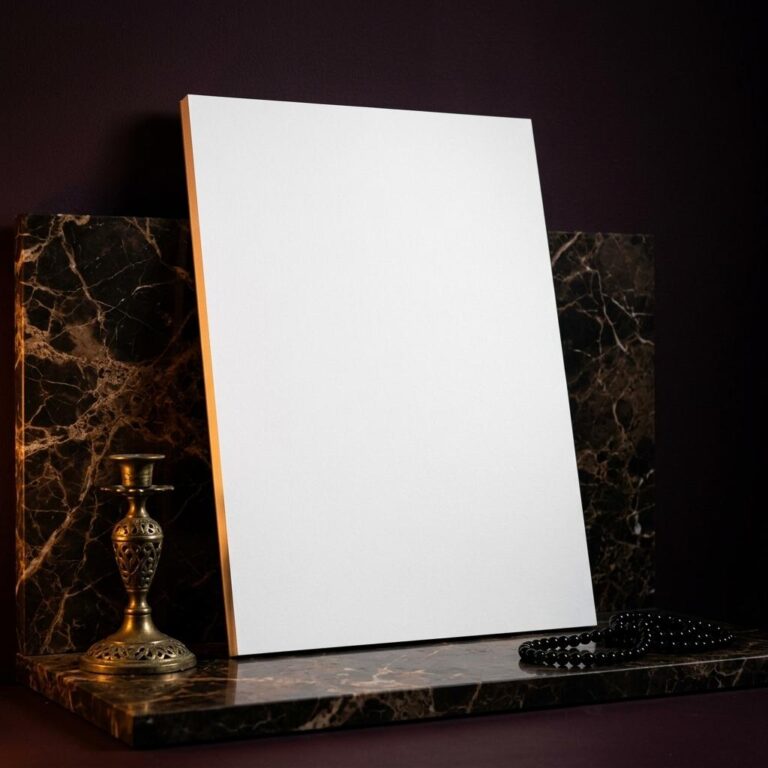 Dark Moody Vertical Poster Mockup on Marble with Amber Light
