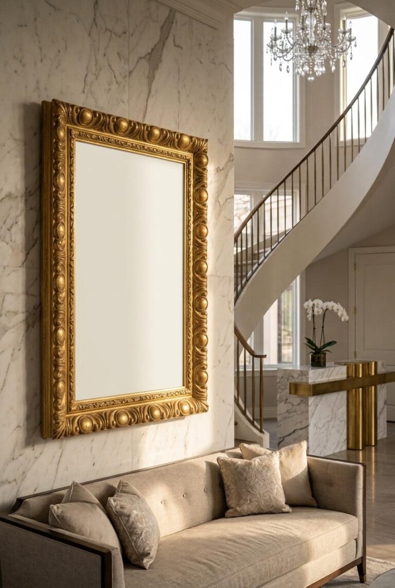 Ornate Gold Frame Wall Art Mockup in a Grand Marble Foyer
